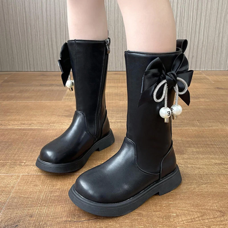 2023 Autumn Winter Girls Versatile Black Bow Tassels Pearls Children Mid-calf Boots for Catwalk Zipper Casual Warm Boots