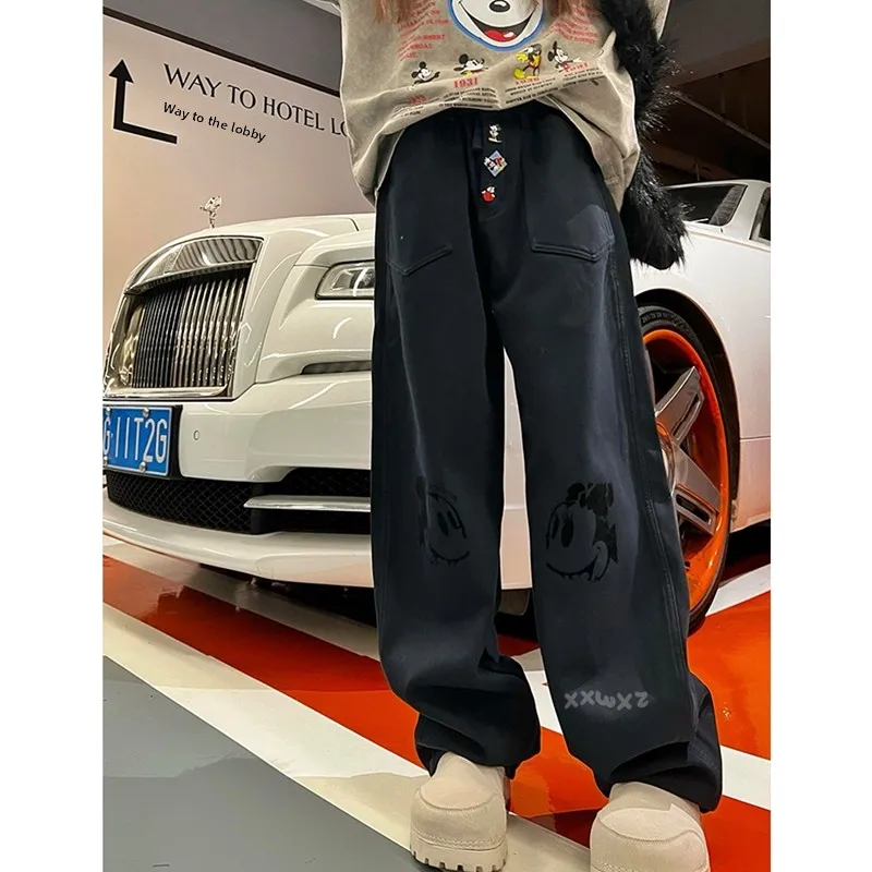 

American High Street Fashion Brand Winter New Simple Fashion Versatile Design Printed Slimming Fleece Casual Pants Women