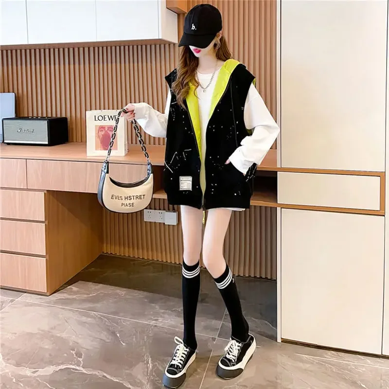 Women\'s Hooded Sweatshirt Vest Coat Can Be Worn on Both Sides Sleeveless Tops Korean Fashion Streetwear Loose Cotton Cardigan