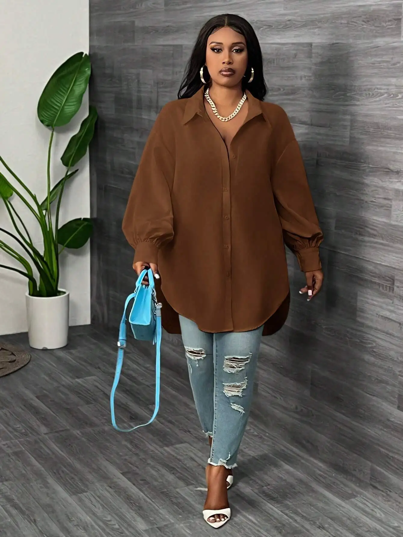 

Loose Solid Brown Lantern Sleeve Curved Hem Plus Size Long Shirt For Women Spring Autumn