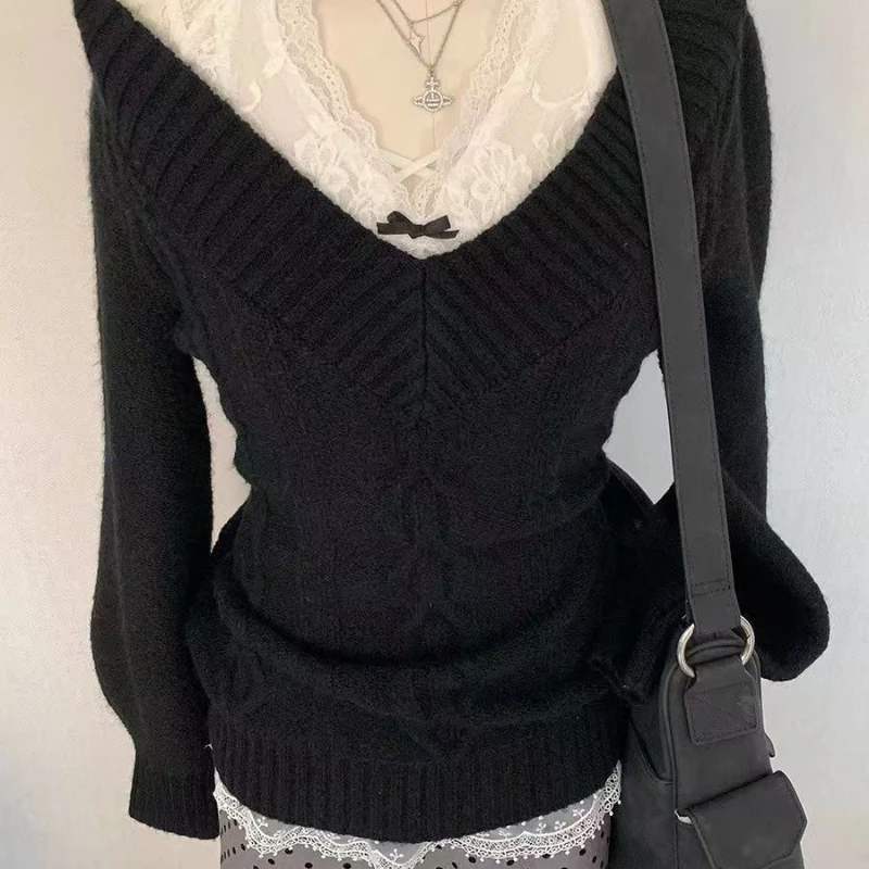 قطعتين الدانتيل الخامس الرقبة البلوزات Mujer 2024 الخريف جديد بلوفر مغزول Y2k سليم تيشيرت ضيق كم طويل أسود بلايز Womenj