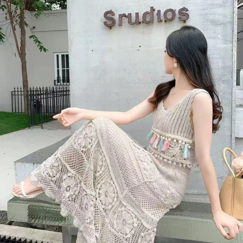 Bohemian Style Hollow Out Crochet Gentle Elastic Waist A-word Skirt 2025 New Lace High Waist Thin Hip-wrapped Skirt