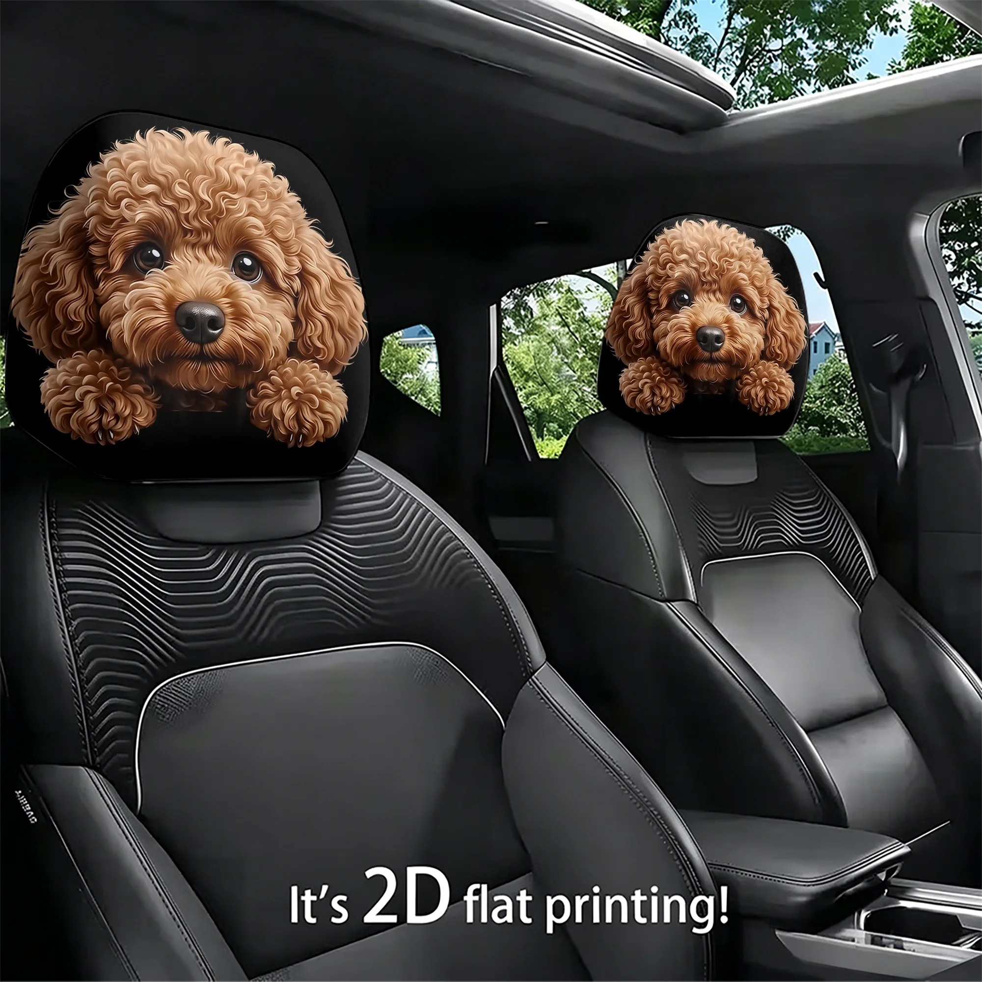 2pcs Cute Poodle-Patterned Car Headrest Covers—add a touch of playfulness to your car’s interior. Filling not included. Easy to
