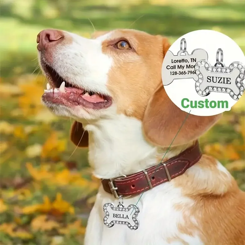 Zinc Alloy Bone Pet ID Tags Engraved Rhinestones Name Number Address Cat Dog Collar Pendant Puppy Necklace Charm Accessories
