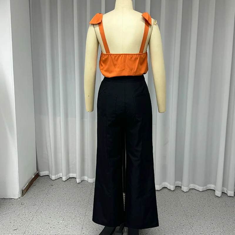 Wefads Two Piece Set Fashion Solid Sleeveless Square Neck Backless With Bow Pullover Top Loose Lace Up Straight Pants Sets