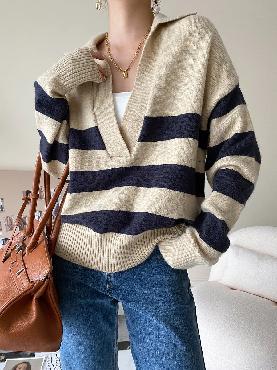 

2025 Autumn And Winter Fashion Large V-Neck Striped Sweater Loose Casual Long-sleeved Pullover Sweater Top