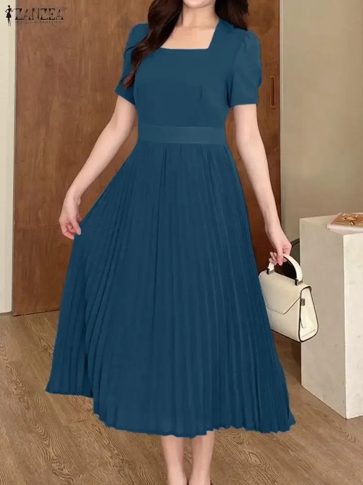 Elegancka damska sukienka midi z plisami na lato, kwadratowy dekolt, długa koszula, sukienka na imprezę, modne sukienki, krótki rękaw, codzienna, jednolita sukienka.