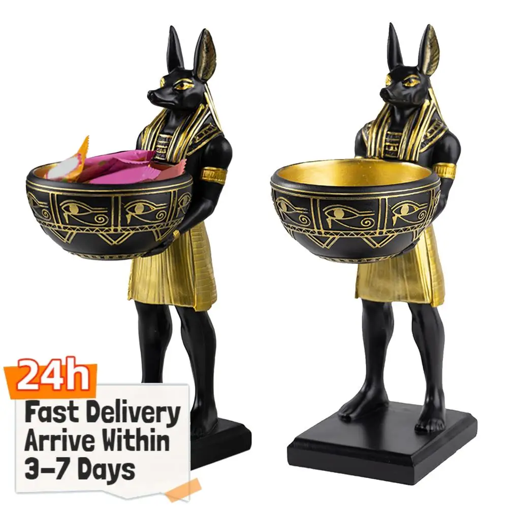 

25cm Anubis Figurine Egyptian Sculpture with Bowl Anubis God Statue Ancient Egypt Decor & Desktop Organizer for Keys/Jewelry