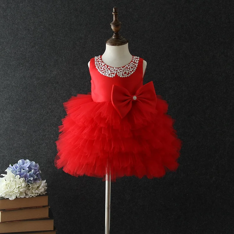 luxury Girls Princess Children Beading Bow Cake Tutu Dress Wedding Gown Sleeveless Kids Dresses baby infant Birthday Party Dress