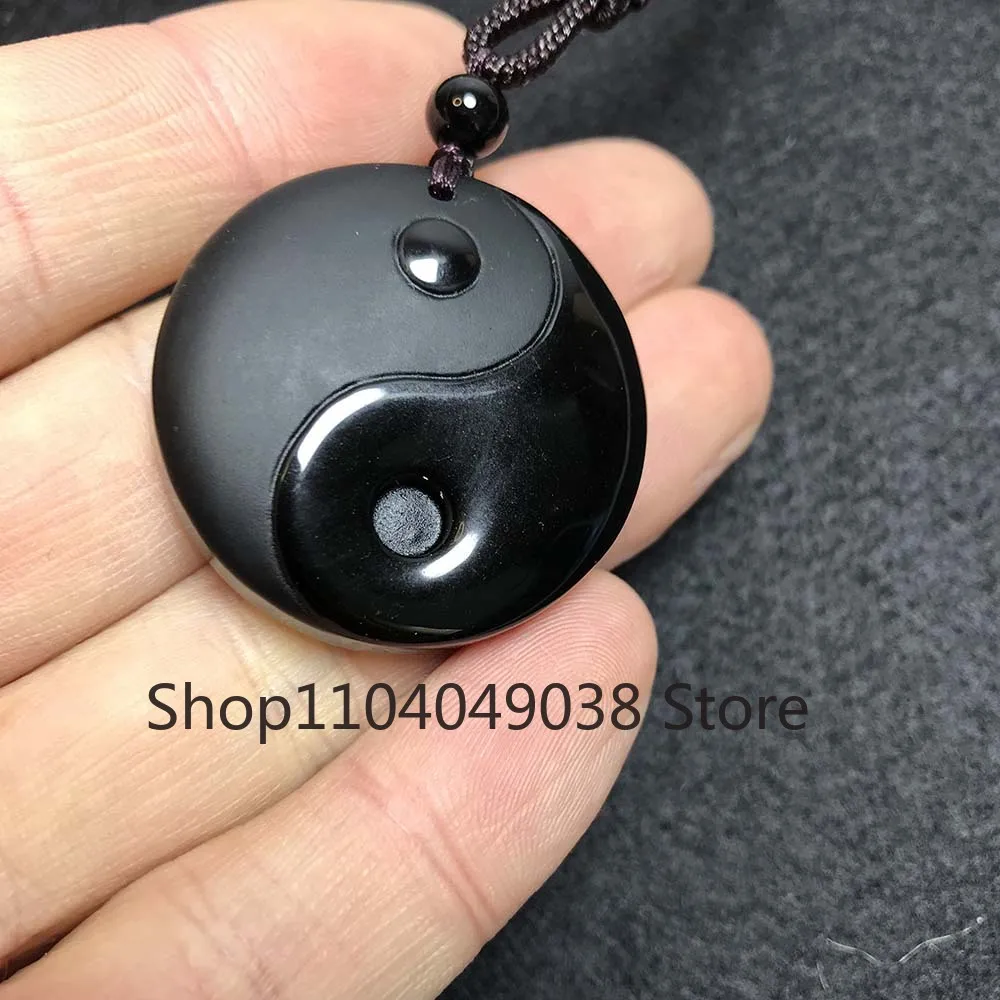 Natural YinYang Necklace Black Obsidian Stone Bagua Feng Shui Amulet Jewlry for Men Women Double-sided Engraving