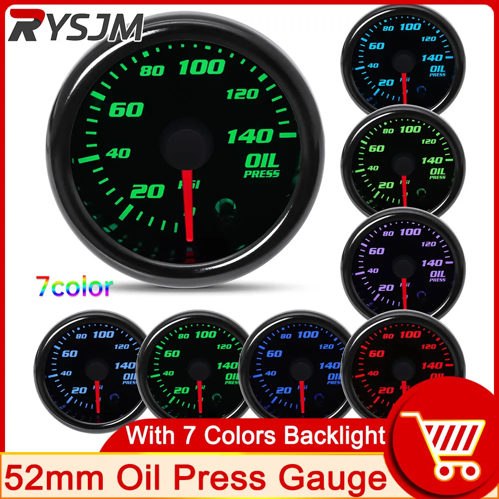 AD 7 Colors Backlight 52mm Oil Pressure Gauge 0~140 PSI Oil Pressure Meter Indicator for 12V Gasoline Car + Oil Pressure Sensor