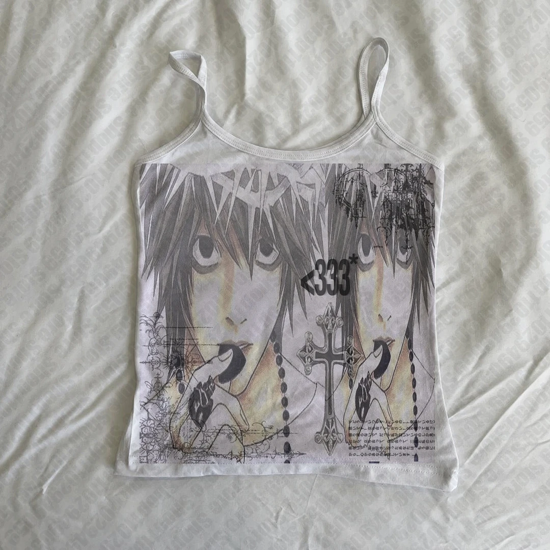 Harajuku Y2K Clothing Womens Cute Sling Punk Gothic Sleeveless Letter Print Aesthetic Emo Girl Fashion Sexy Streetwear Crop Tops #1