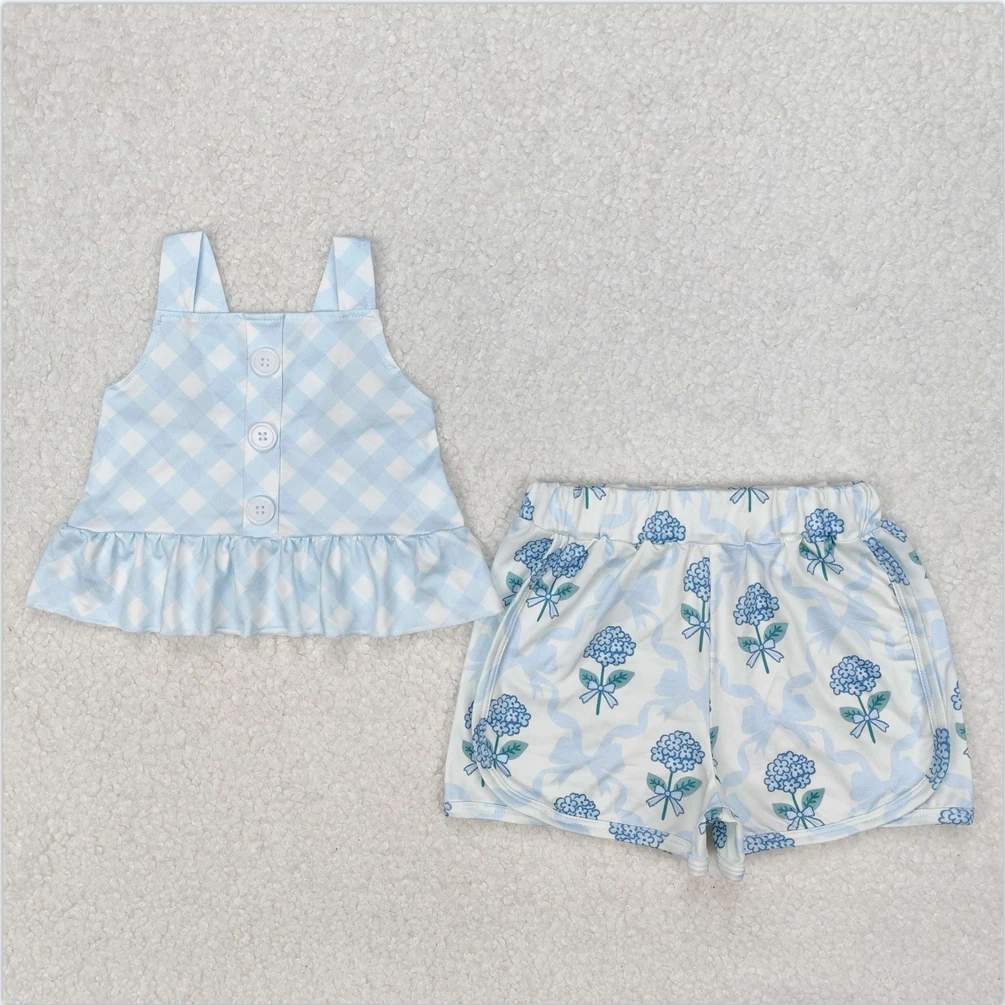 

Hot Sale Baby Girls Kids Clothes Boutique Shorts Fashion Blue Checkered Straps Top Flowers Clothing Toddler Shorts Clothes Sets