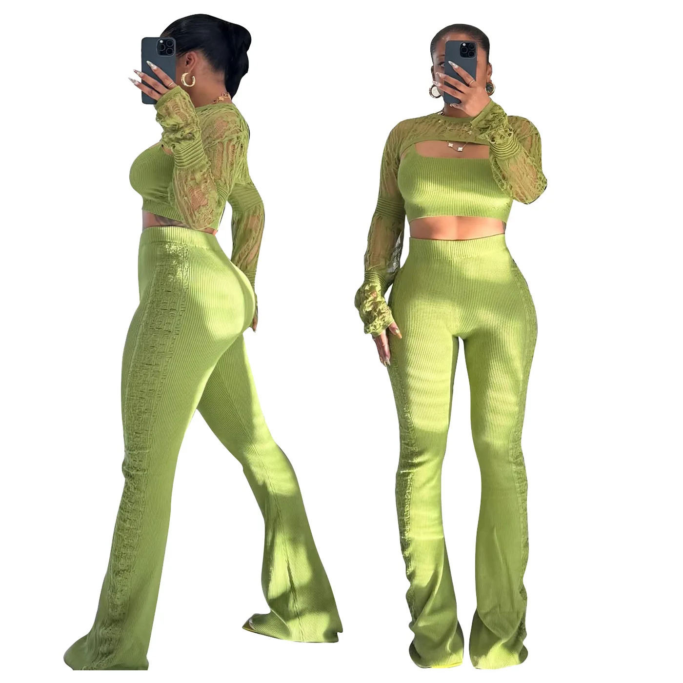 

Женская новая европейская и американская женская одежда, модный повседневный комплект из трех предметов с открытыми крючками