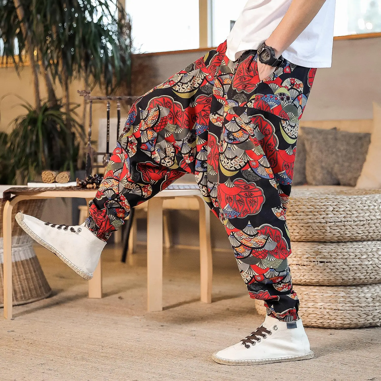 2024 Men Harem Pants Print Retro Drop Crotch Joggers Trousers Men Baggy Loose Nepal Style Men Casual Pants M-5Xl