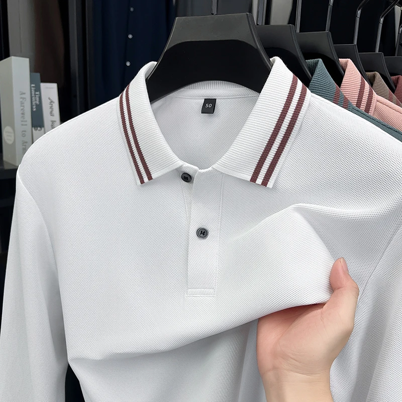 

High quality luxury men's long sleeve polo shirt spring autumn comfort business casual T-shirt new fashion striped lapel top