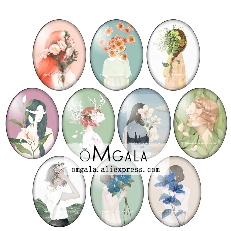 Beauty Girl With flowers Art Illustration Patterns 13x18mm/18x25mm/30x40mm Oval photo glass cabochon flat back Making findings