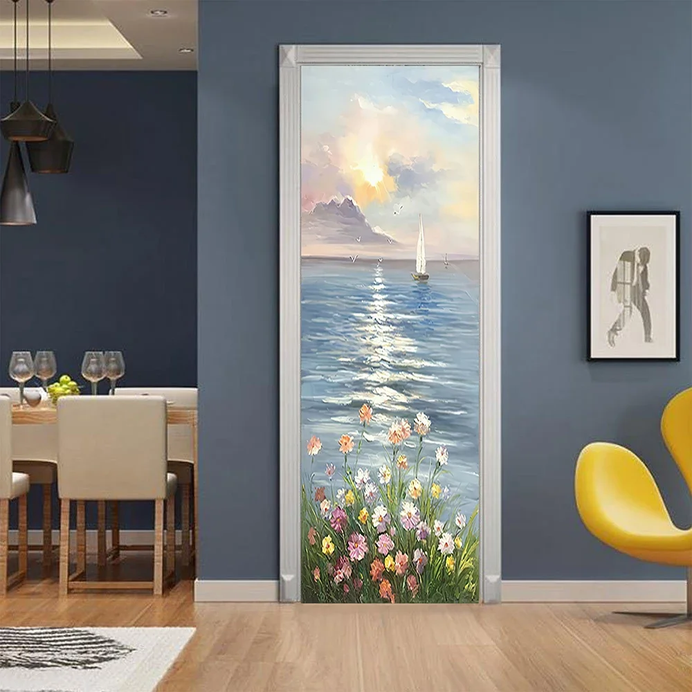 Flower Prints Door Sticker Wallpaper Peel And Stick Vinyl Decal Nature Beach Landscape Door Cover Poster for Bedroom Bathroom