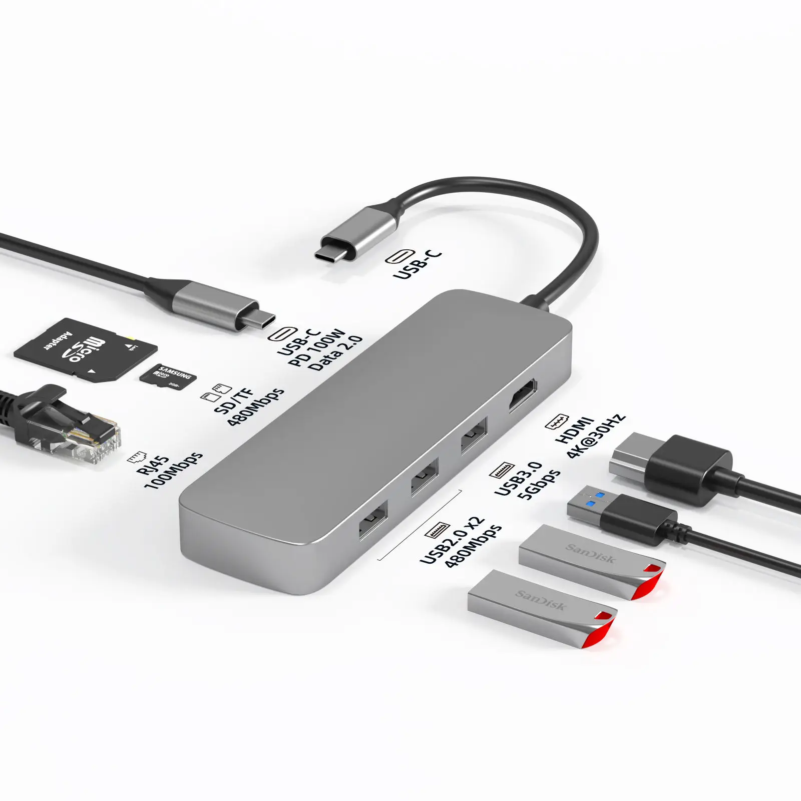 Imagem -06 - Usb c Hub tipo c 8in com 4k tf Compatível com Hdmi 100w pd c Port Docking Station Usb-c 3.0 tipo c para Macbook Pro Air Laptop Mobile Phone pc em