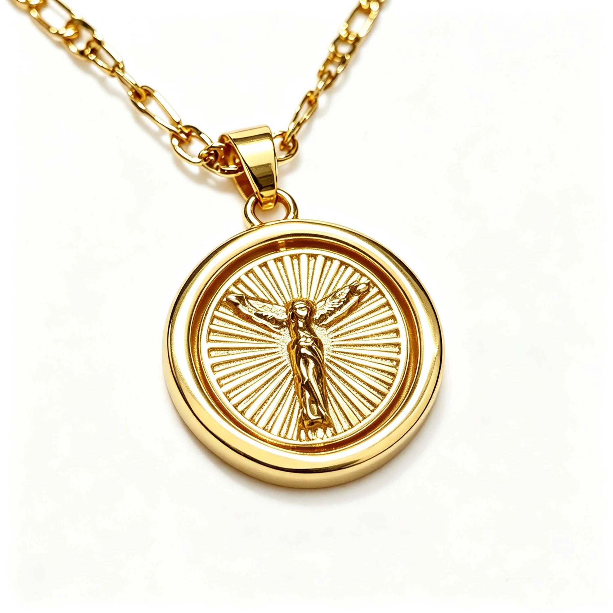 Pure Copper Winged Victory Goddess Rotating Round Pendant Necklace Unisex Retro Greek Mythology Jewelry Gift for Men Women