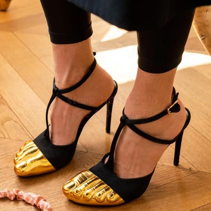 

Gold Five Toe T-Tied Ankle Strap Thin Heels Women Metal Toe Buckle Strap Slingback Sandals Lady Sexy Elegant Party Prom Shoes