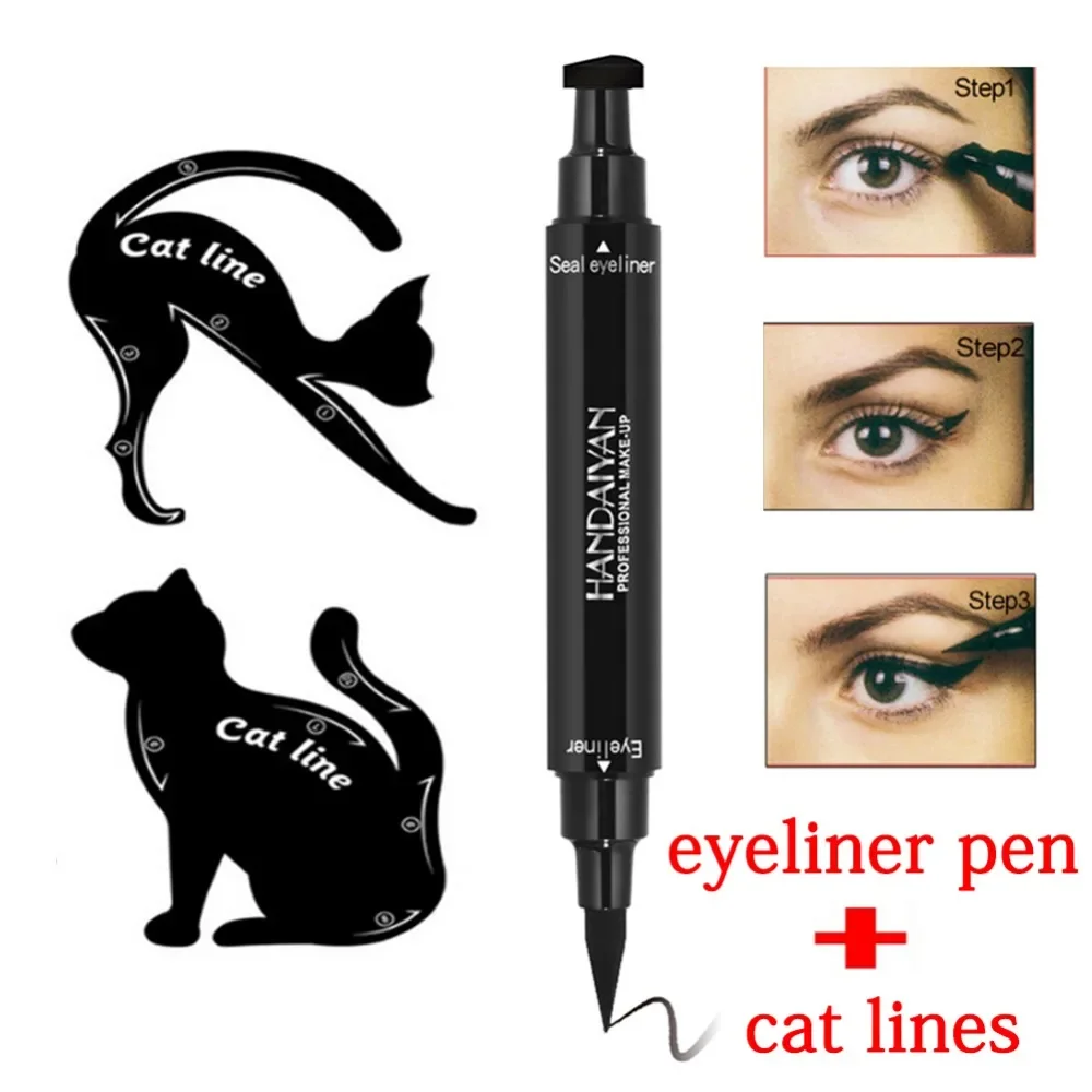 Dual End Black Liquid Eyeliner Pencil Pro Waterproof Long Lasting Makeup Eye Liner Pen+ Cat Line Eye Makeup Stencils