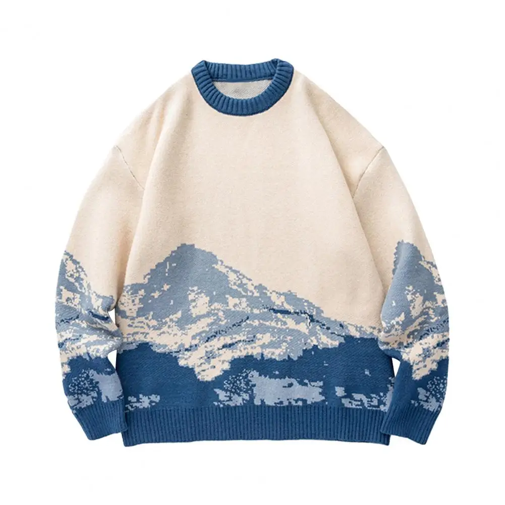冬のセーター レトロ ブラウン セーター メンズ タイダイ スノーバーグ パターン セーター カラーマッチング ラウンドネック 厚手 ニット 秋用