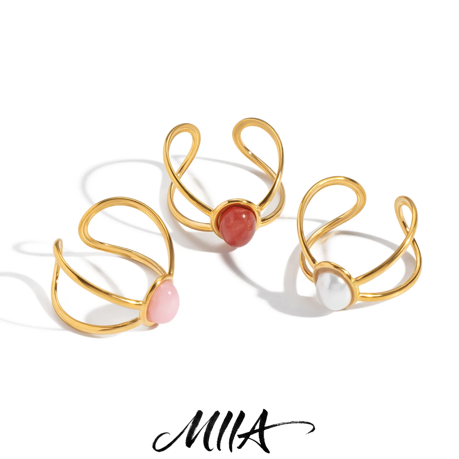 Miia 316L Stainless Steel Ring Natural Pearl Gemstone Inlaid Twisted Design Double-Layered Open Ring Water- and Sweat-Resistant
