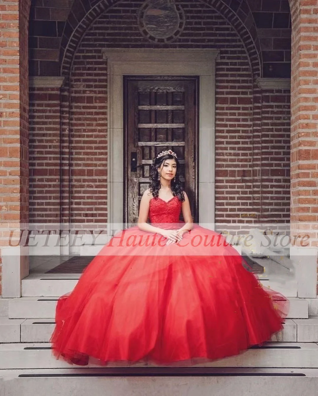 Gaun Pesta Merah Gaun Quinceanera Gaun Sweetheart Payet Renda Tanpa Lengan Panjang-mencapai Lantai Vestidos De XV Años