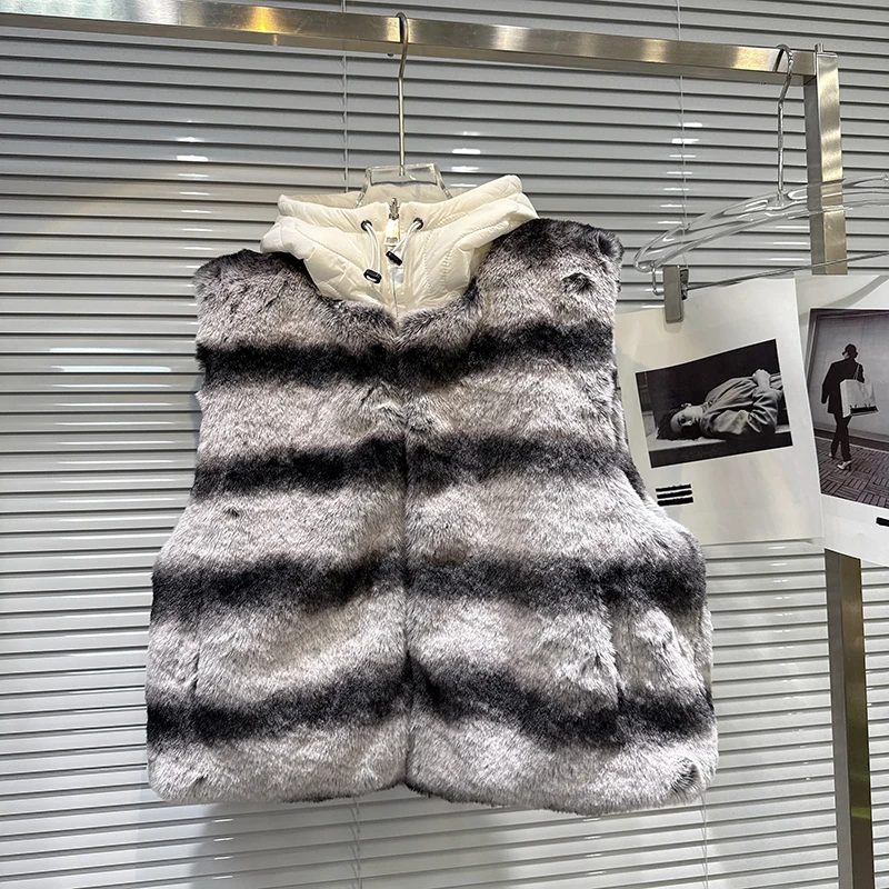 Autumn Winter Hooded Plush Stripe Vest Women White Duck Down Sleeveless Zipper Vests Female Thicken Warm Drawstring Waistcoats