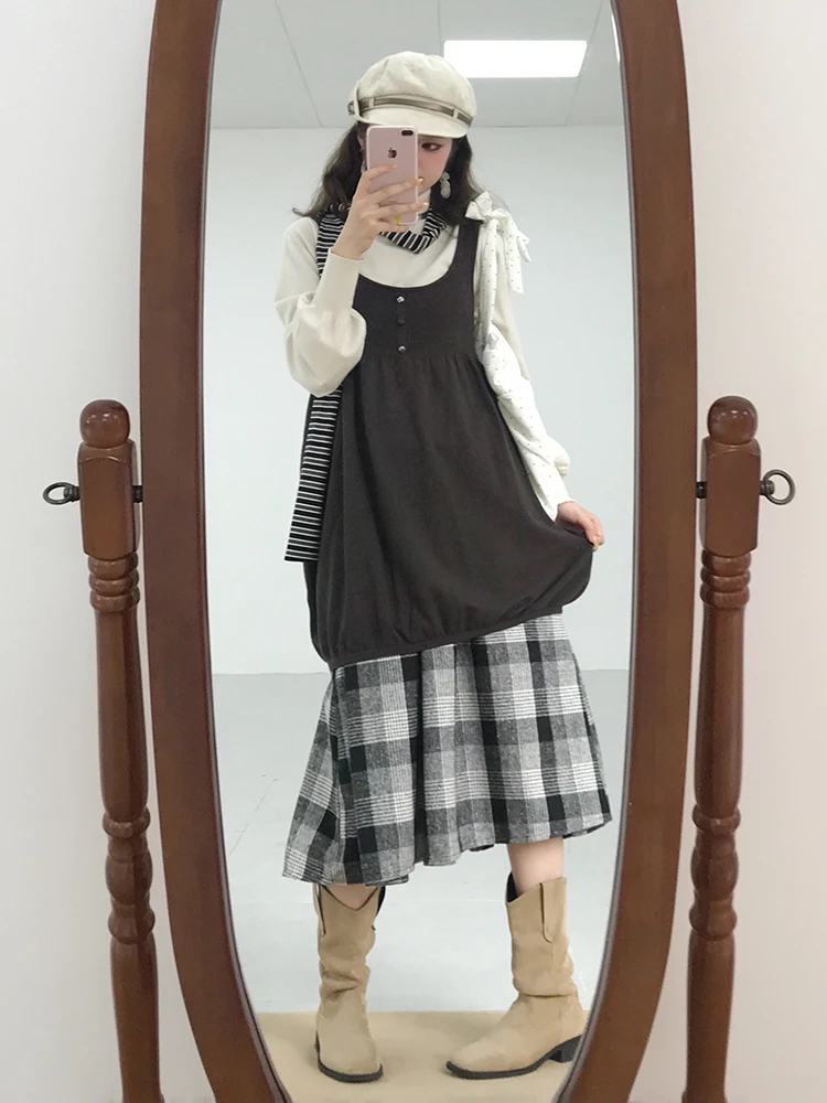 Laidba Holiday Vintage Set Top Ruffle Vest Long Plaid  Skirt Tee Piece Set Autumn Faion Women's Long Sve Outfit