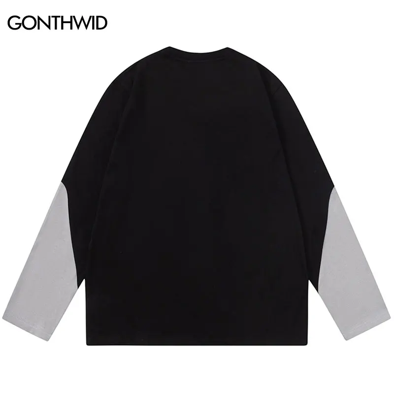 Sports Tshirt Hip Hop Embroidery Letter Retro American Style Patchwork Long Sleeve T-Shirt 2023 Fashion Loose Streetwear Shirts