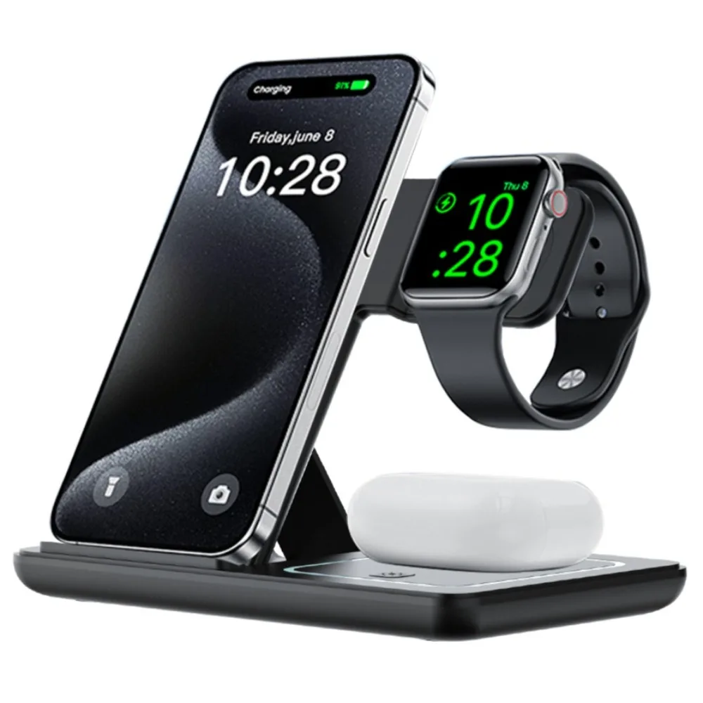 

Складное беспроводное зарядное устройство 3 в 1, ночная светодиодная подставка для iPhone, Samsung, Apple Watch 2-10 SE Airpods Pro, станция быстрой зарядки
