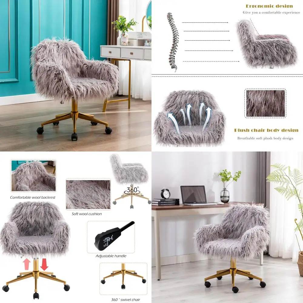 

Серое офисное кресло на колесиках из искусственного меха, комфортное плюшевое кресло для дома, туалетного столика, гостиной, спальни