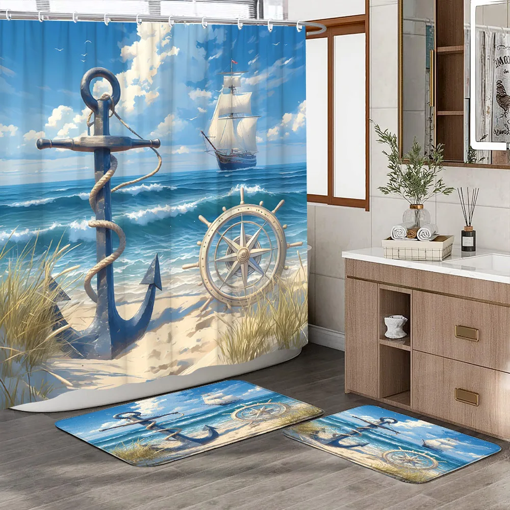 Beach Sunrise Scenery Shower Curtain Outside Door Window Shell Starfish Decorative Blue Wooden Door Shower Curtain Bath Mats Set