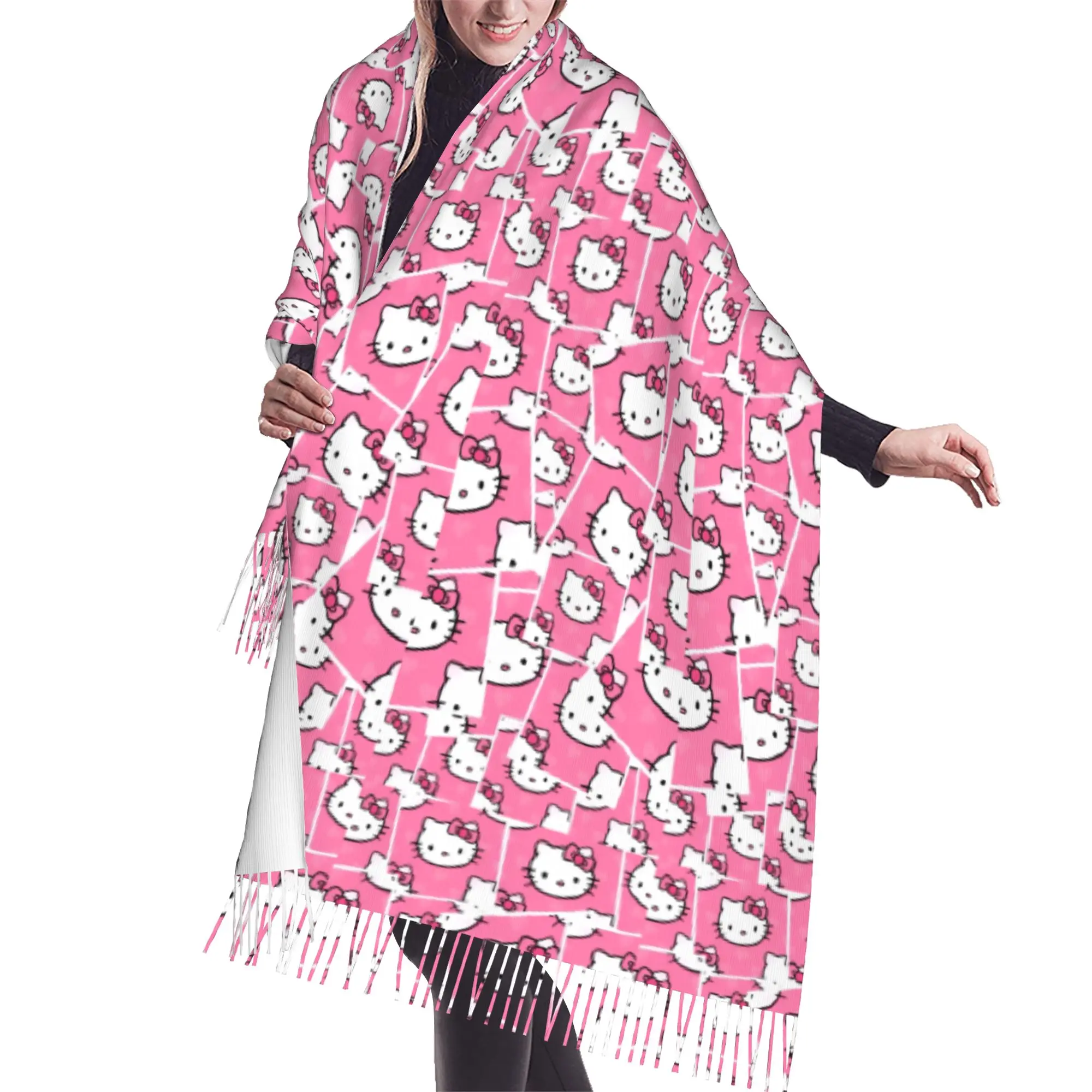 Custom Kitten Cat Cartoon Scarf Wrap for Women Long Winter Fall Warm Tassel Shawl Unisex Anime Scarves