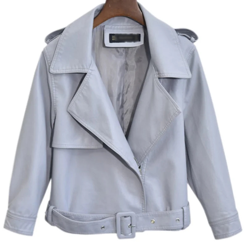 Frauen Kurze PU Leder Jacke Lose Turndown Kragen Faux Leder Mäntel Weibliche Mode Gürtel Frühling Motorrad Oberbekleidung WF168