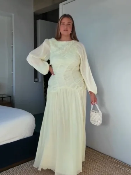 

Elegant Pleated Long Lantern Sleeve Long Dress Women O-neck Folds Loose Holiday Beach Dresses 2025 Summer Commute Chic Vestidos