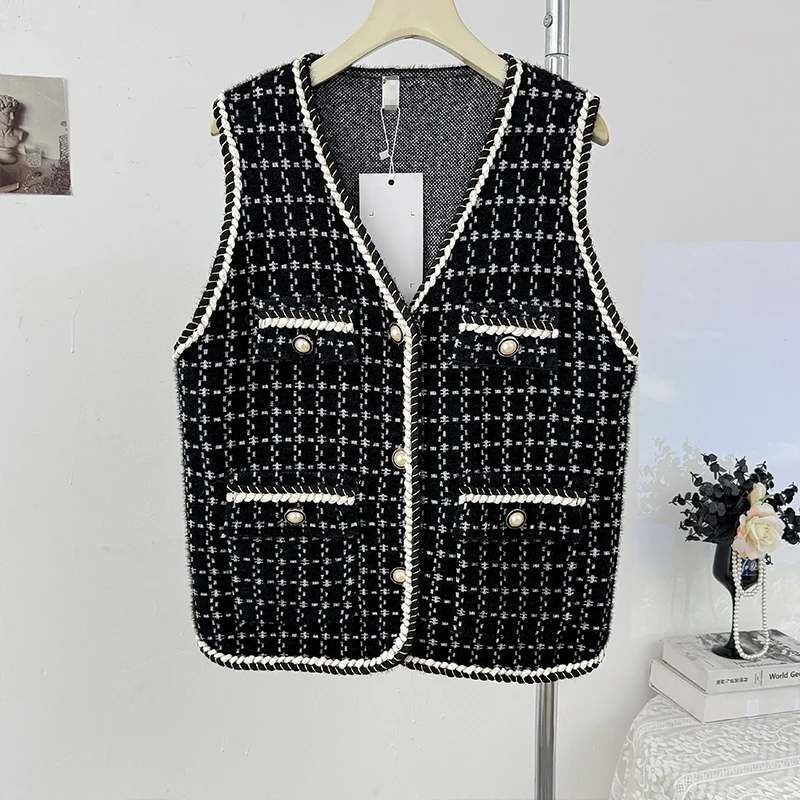 

Темперамент контрастных цветов клетчатый твидовый жилет женский осень 2025 свободный однобортный жилет
