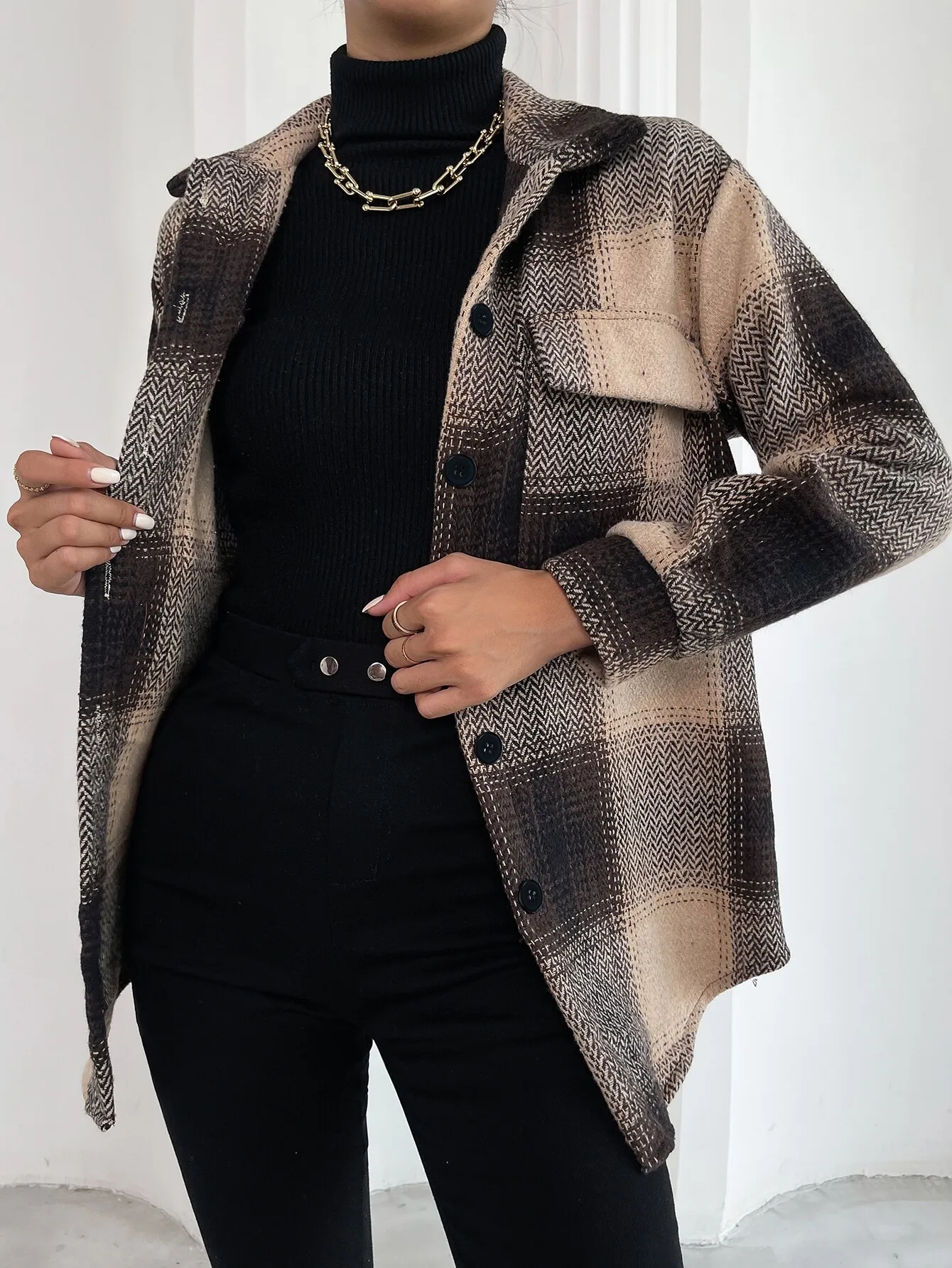 Damska kurtka w kratę z mieszanki wełny, z kieszeniami z klapami, jednorzędowa, casualowy płaszcz na jesień i zimę.