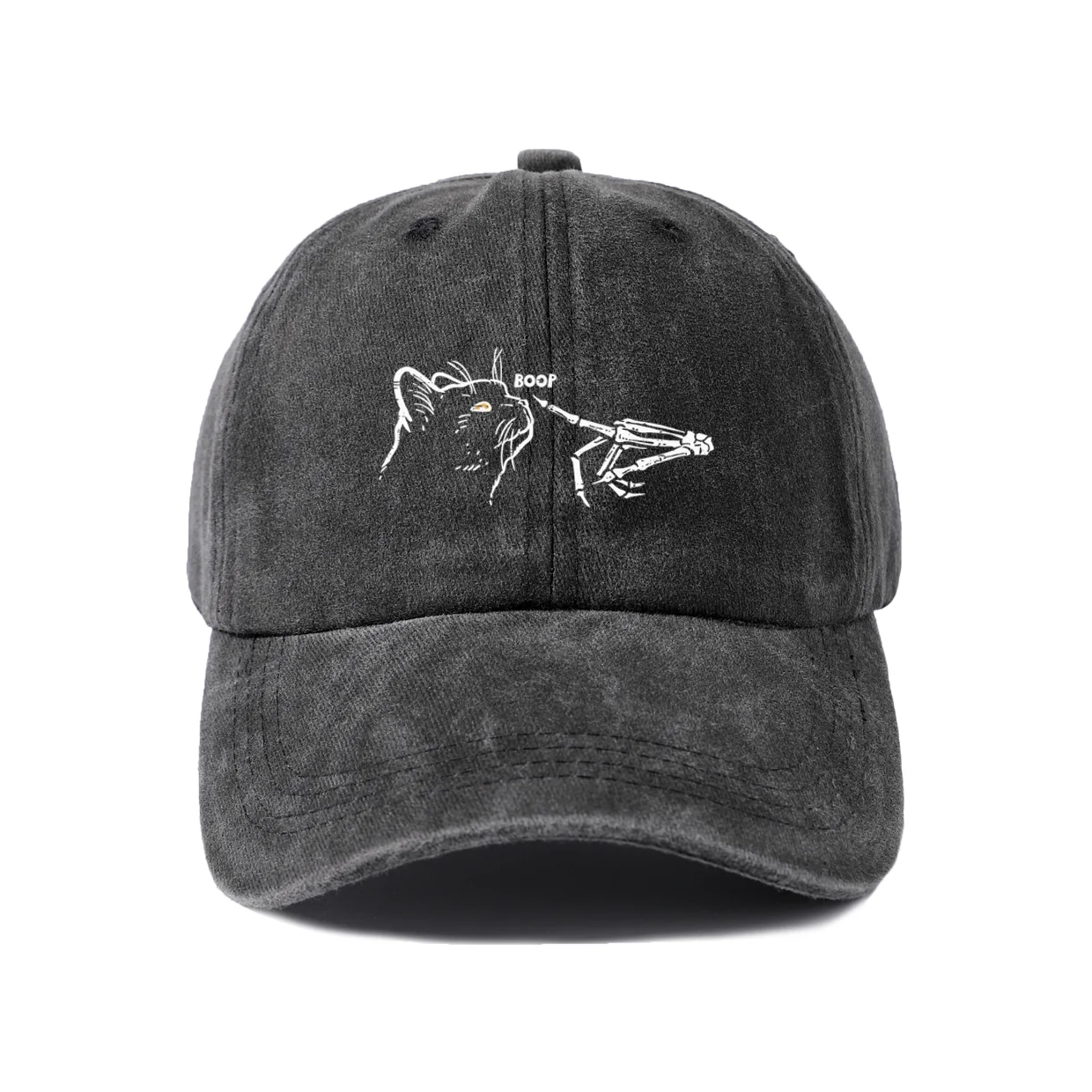 Vintage Washed Skeleton Hand Cat Graphic Baseball Cap, Adjustable Unisex Dad Hat, Halloween Cat Lover Gift