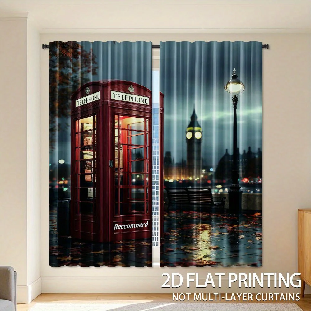 Pattern the red telephone booths in London Print Drapes Room Darkening Window Curtains Home Decor,Rod Pocket Blackout Curtains