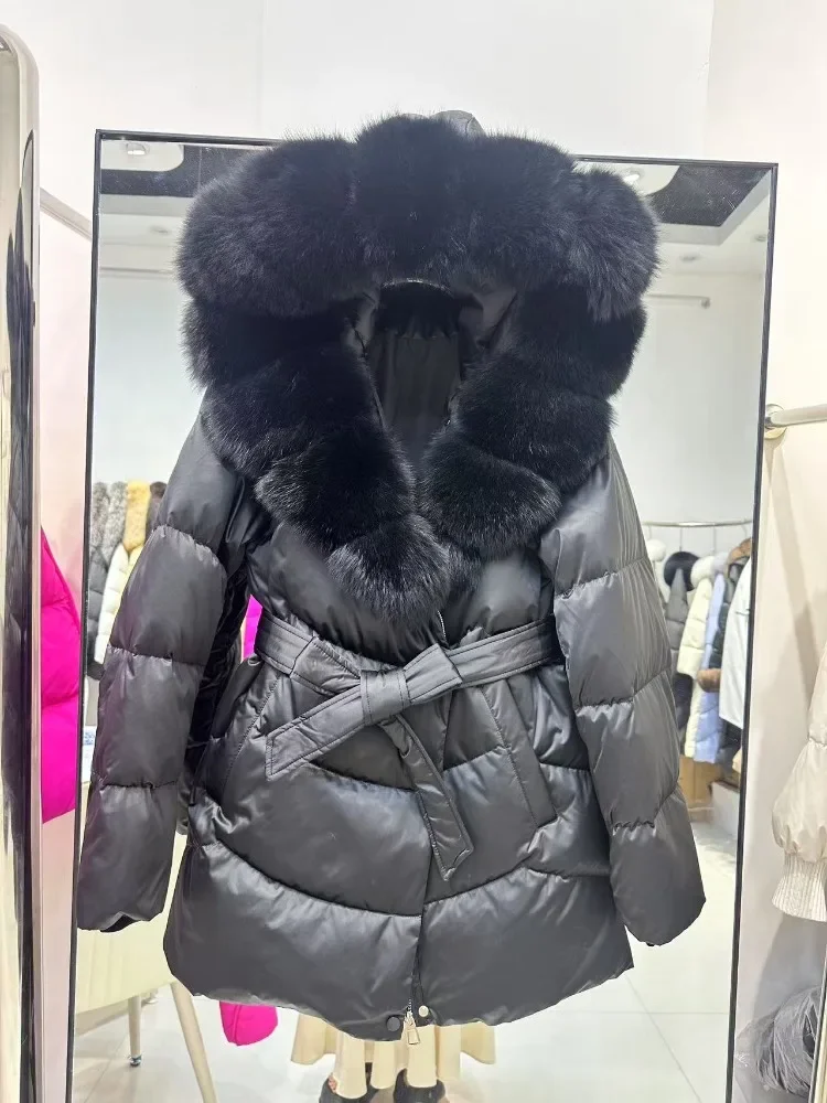 2025 여성 겨울 90% 거위털 재킷 두꺼운 따뜻한 여성 파카 방수 럭셔리 대형 천연 은여우털 후드