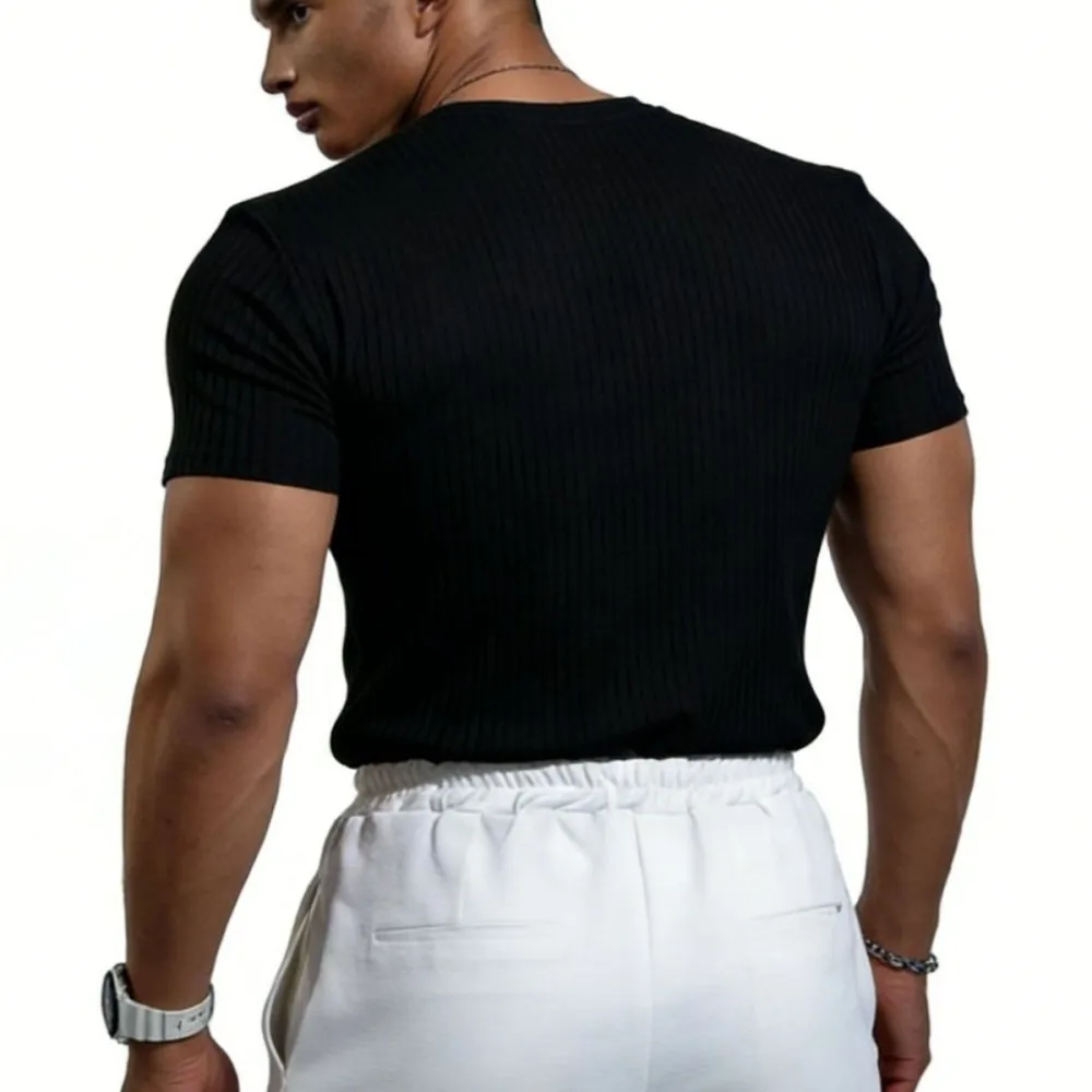 Mens Summer Short Sleeve T Shirt Solid Color Ribbed Fabric Gym Fitness Training Tops Breathable Casual Workout Tee Shirt
