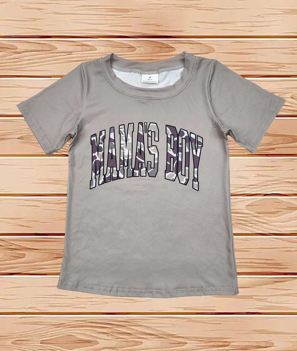 

4.22 Wholesale hot sale western boutique kid children Baby Boys Light Green Mama's Boy Camo Short Sleeve Tee Shirts Tops