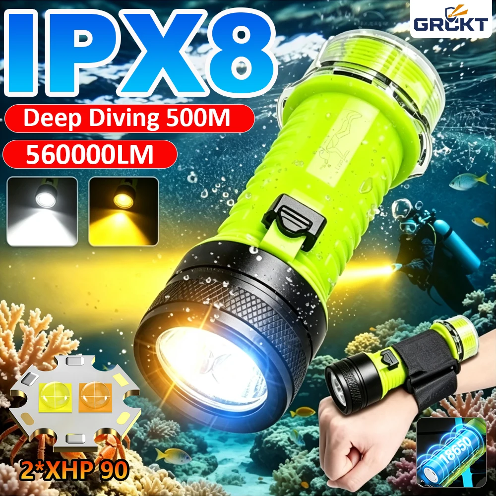 IPX8 Waterproof Diving Flashlight Underwater Rechargeable XHP90 LED Flashlight Long Range Underwater Lantern Diving Torch 18650