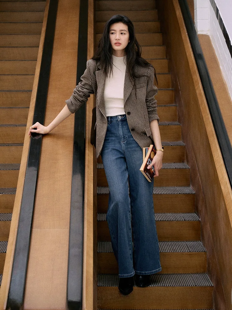 

Зимний женский шерстяной костюм Jicouture в клетку, винтажный пиджак с лацканами, для деловых встреч, с длинным рукавом, на одной пуговице, для офиса