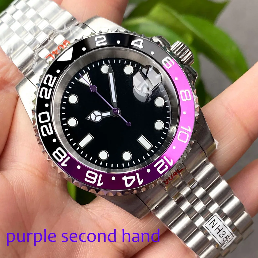 

Waterproof 20Bar NH35A Mechanical Men Watch Purple Hand Nologo Black Dial Business Steel Diving Clock Luminous