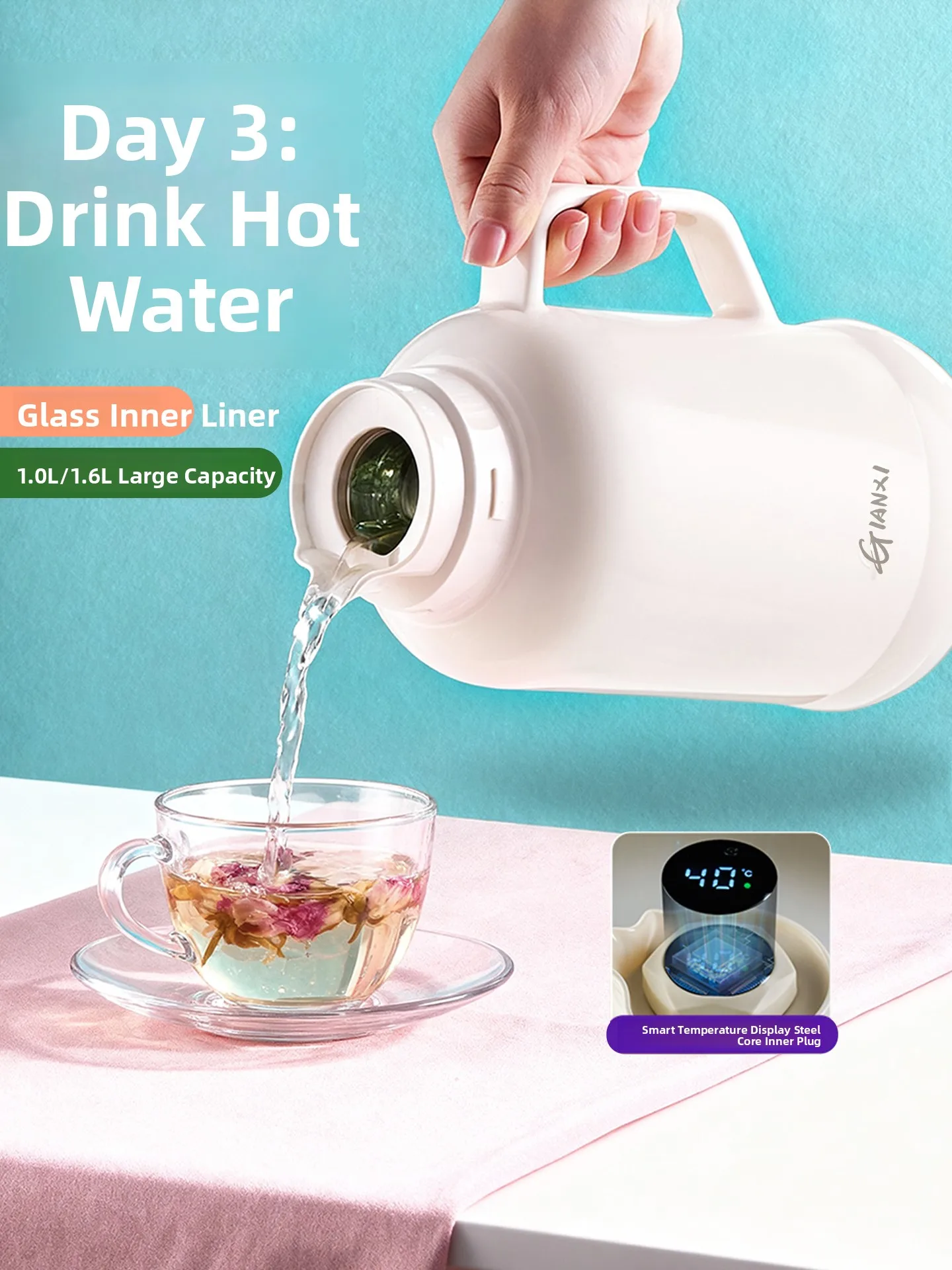 

GIANXI Thermal Flask Glass Inner Tank Small Size Display Temperature Home Office Use Hot Water Bottle Chinese Sle Handle