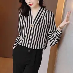 Fashion Printed V-Neck Button Striped Chiffon Shirt Oversized Casual Tops 2022 Autumn New Women's Clothing Office Lady Blouses